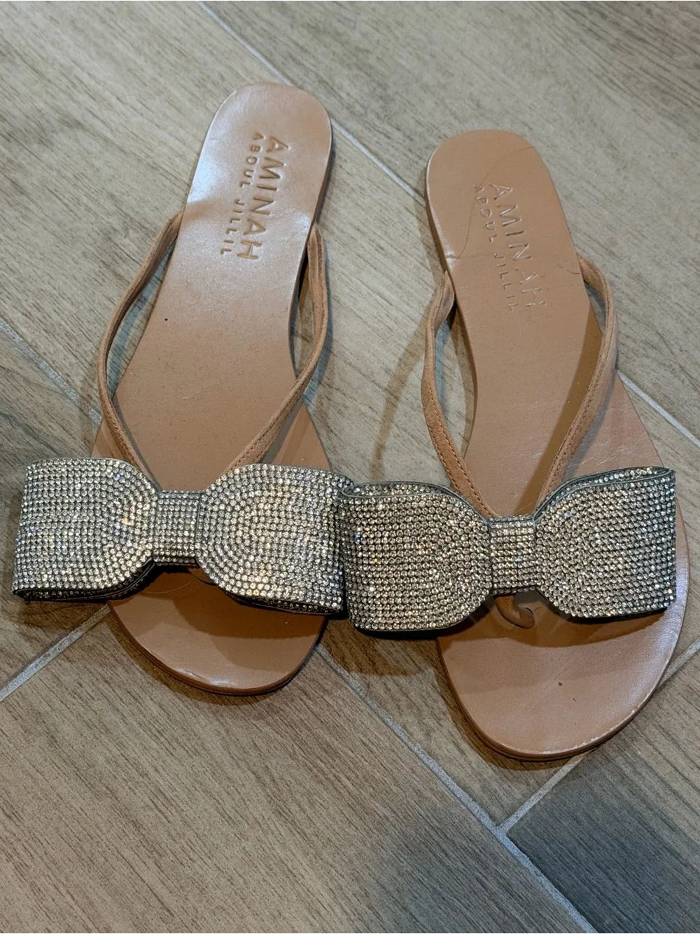 Crystal Bow Nude Slide Heels